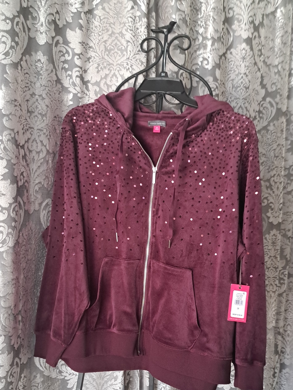 Vince Camuto Wine Velvet Sequin Zip Hoodie